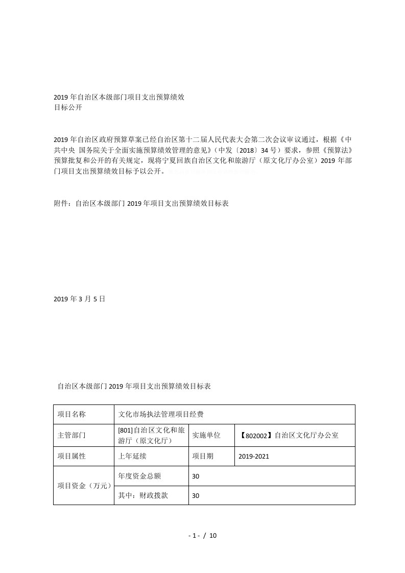 2019年自治区本级部门项目支出预算绩效