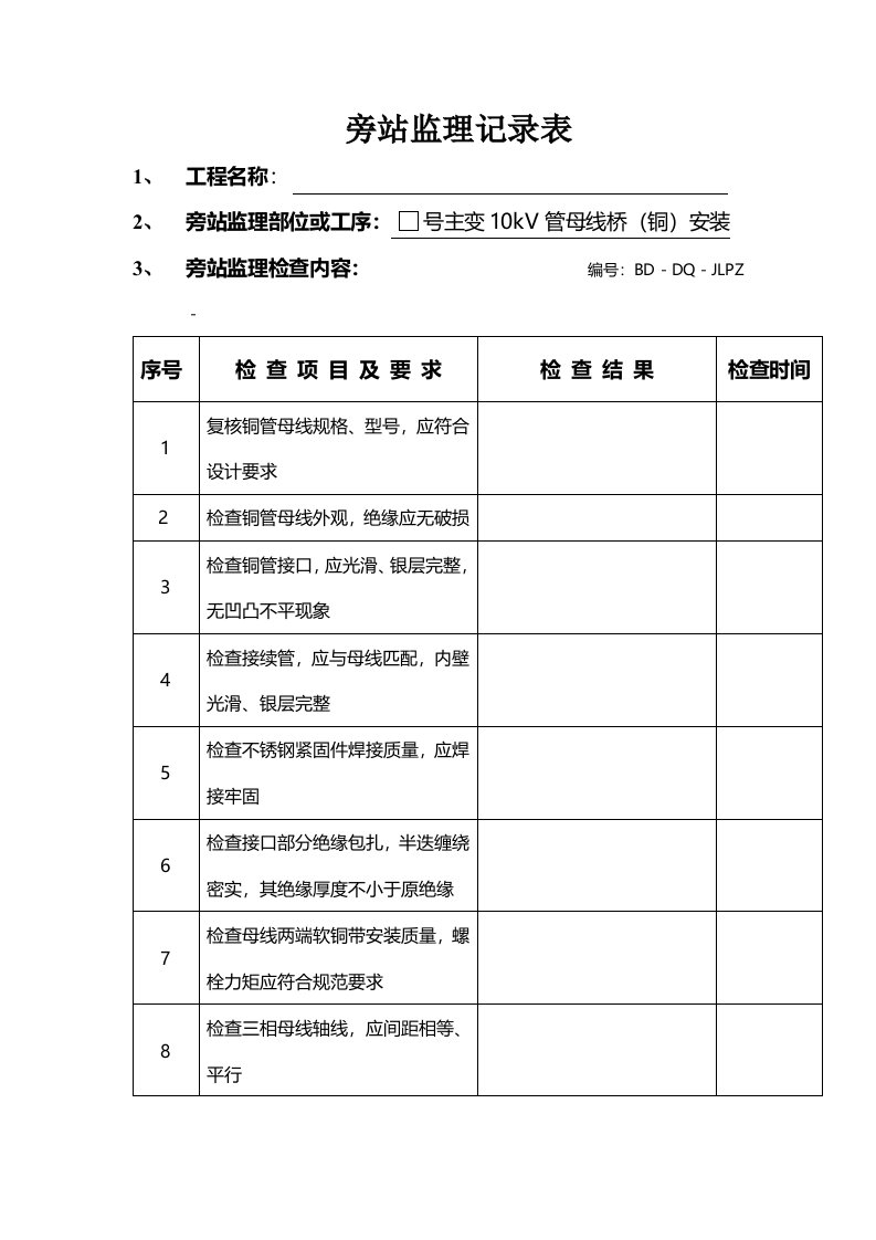 电气安装旁站监理记录表