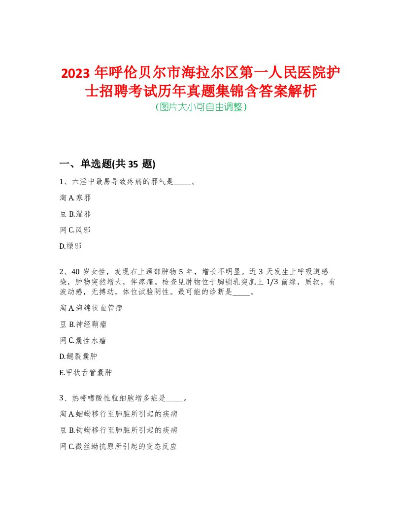 2023年呼伦贝尔市海拉尔区第一人民医院护士招聘考试历年真题集锦含答案解析荟萃