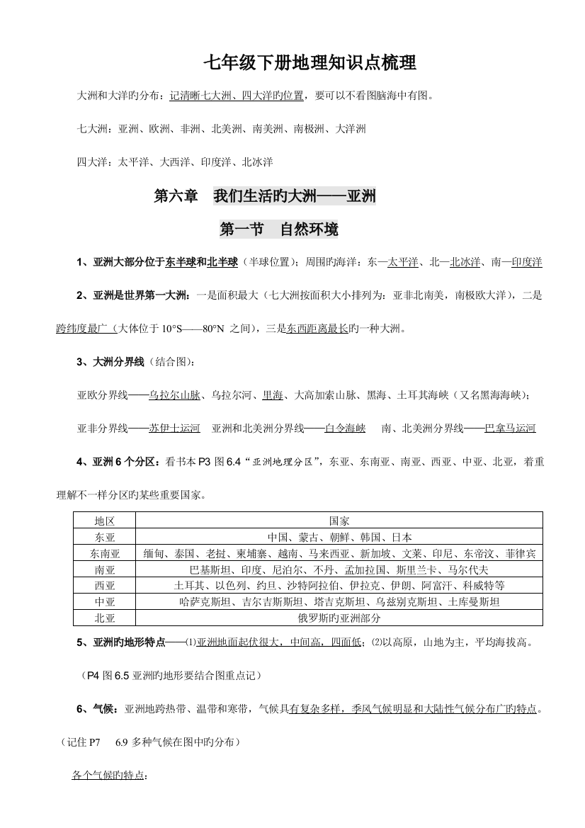 2023年七年级地理下册知识点梳理