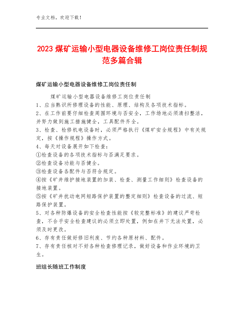 2023煤矿运输小型电器设备维修工岗位责任制规范多篇合辑