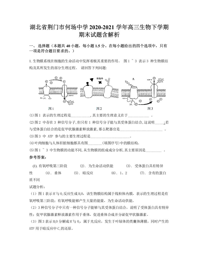 湖北省荆门市何场中学2020-2021学年高三生物下学期期末试题含解析