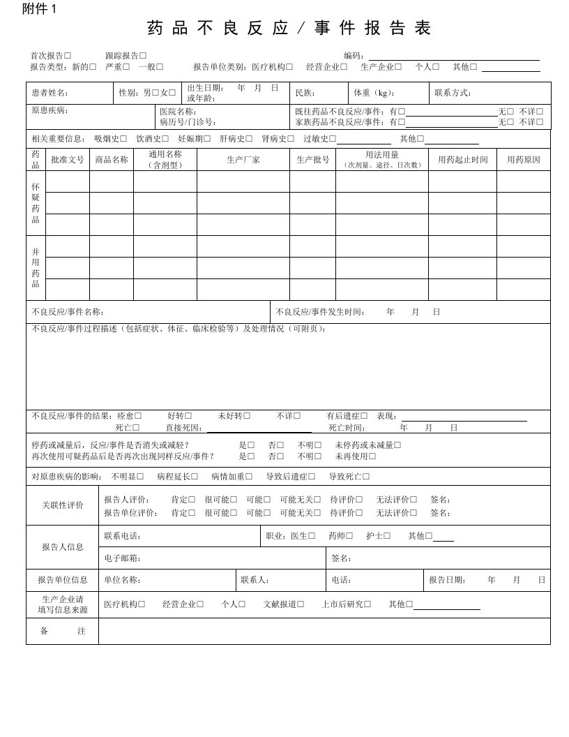 药品不良反应、医疗器械不良事件报告表格(最新)