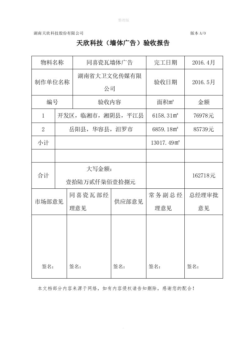 墙体广告验收报告表2