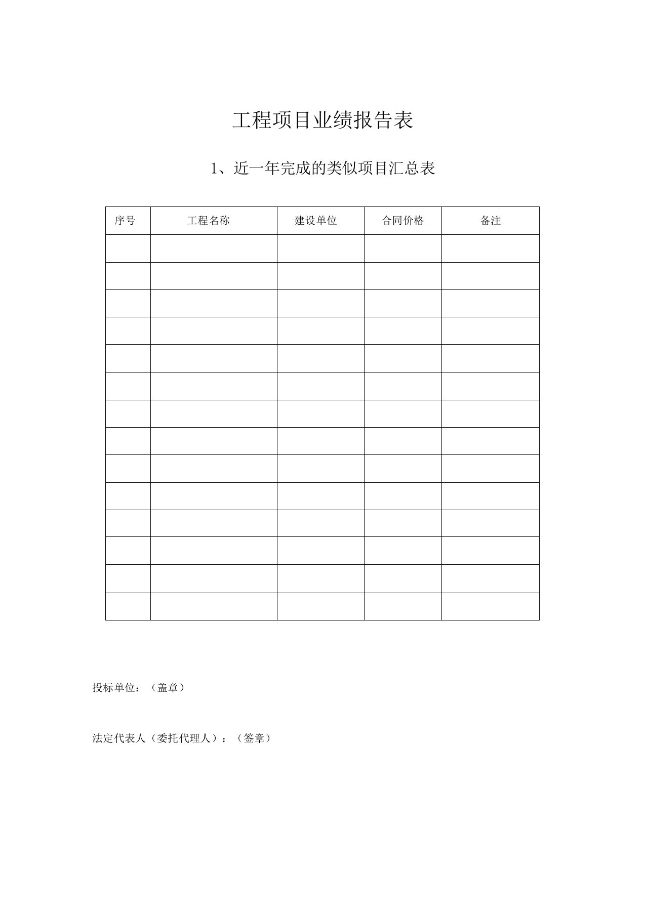 工程项目业绩报告表