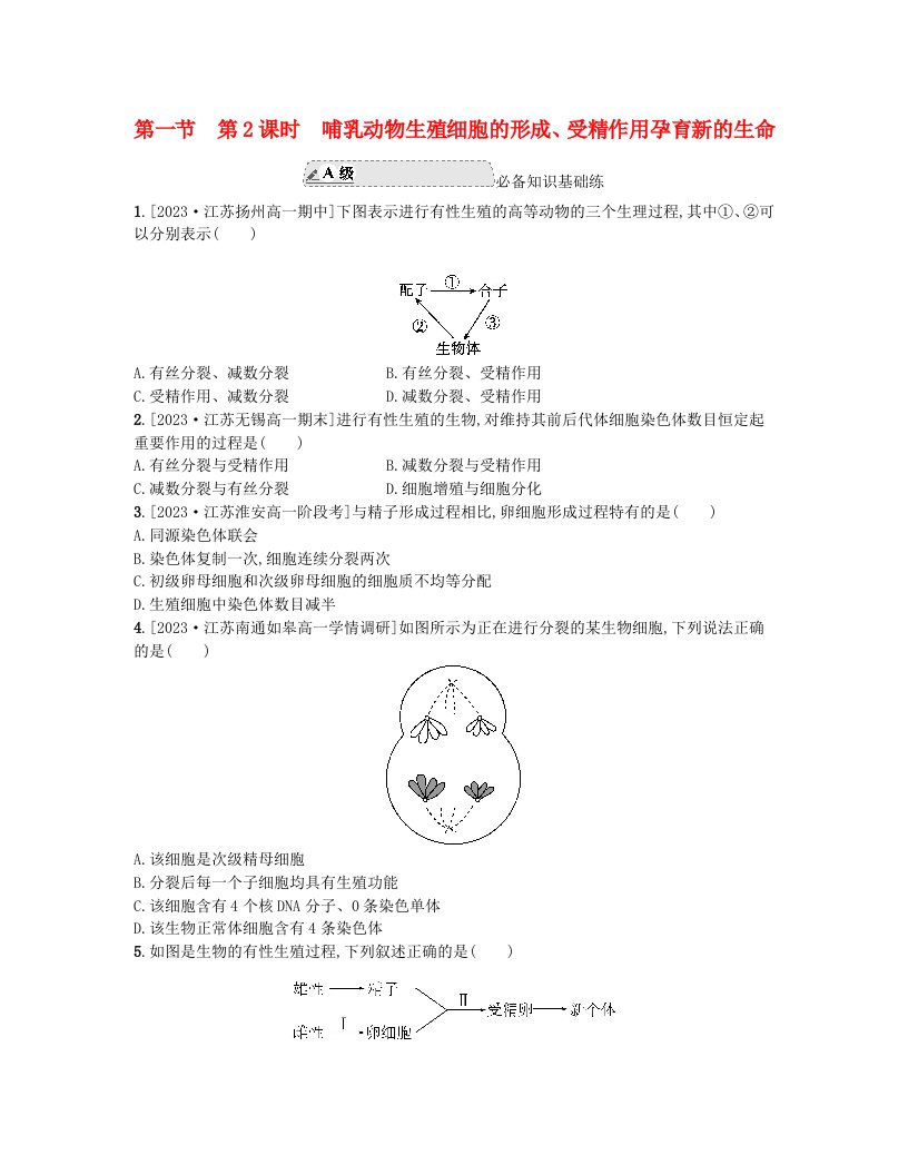 江苏专版2023_2024学年新教材高中生物第一章遗传的细胞基础第一节减数分裂和受精作用第2课时哺乳动物生殖细胞的形成受精作用孕育新的生命分层作业苏教版必修2