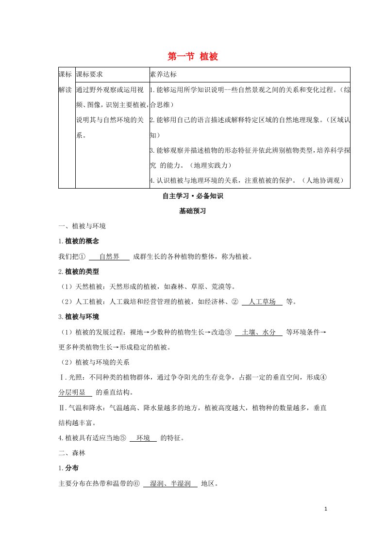 2022版新教材高中地理第五章植被与土壤第一节植被学案新人教版必修第一册