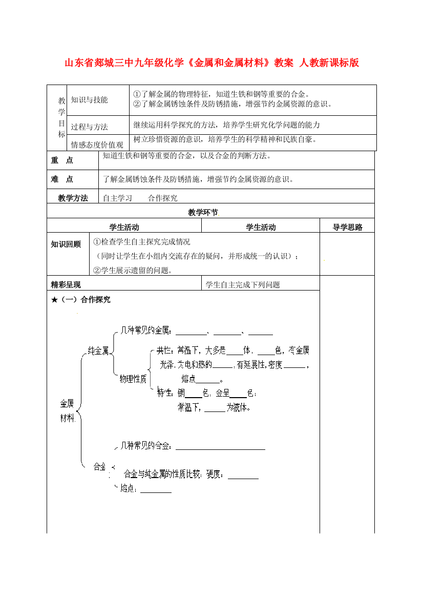 山东省郯城三中九年级化学《金属和金属材料》教案