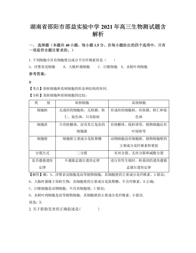 湖南省邵阳市邵益实验中学2021年高三生物测试题含解析