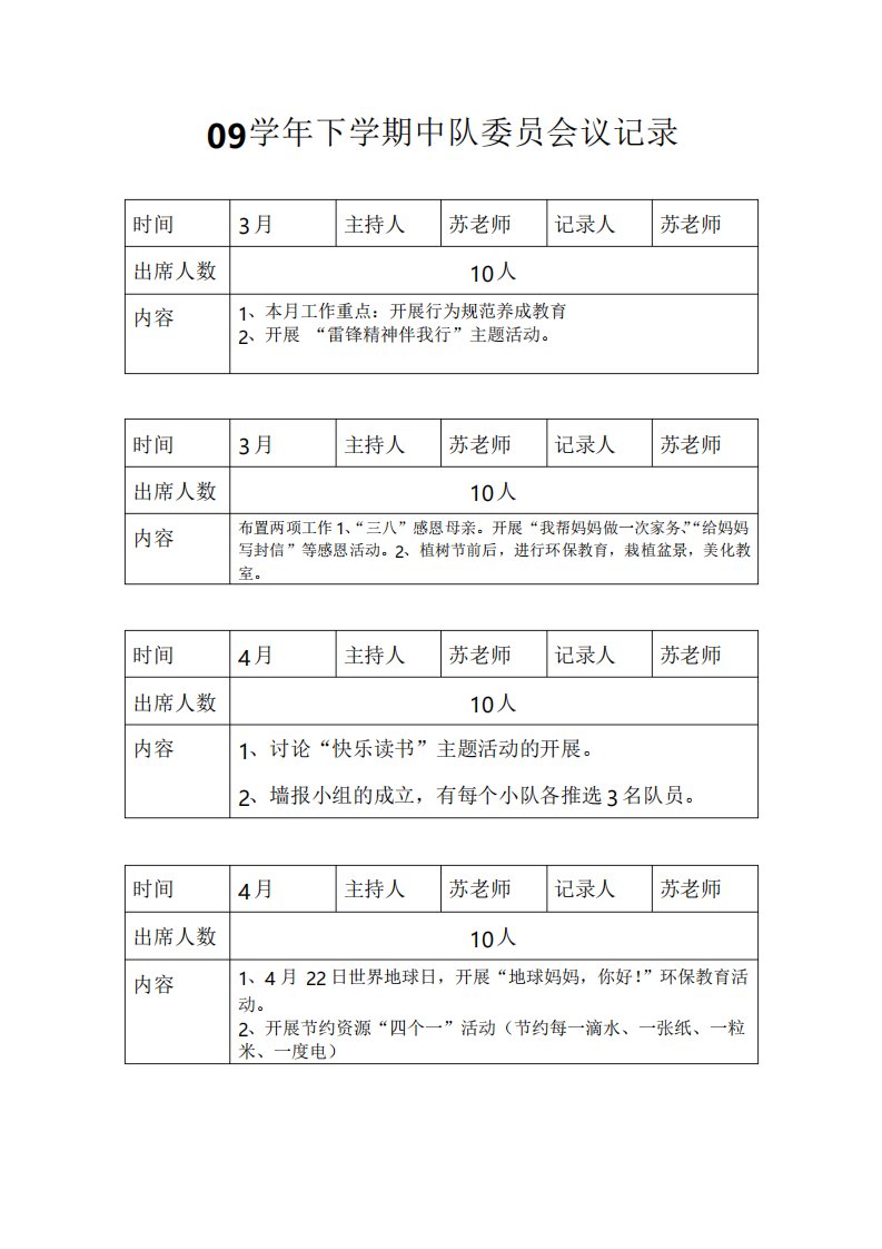 良田第三小学中队委员会议记录