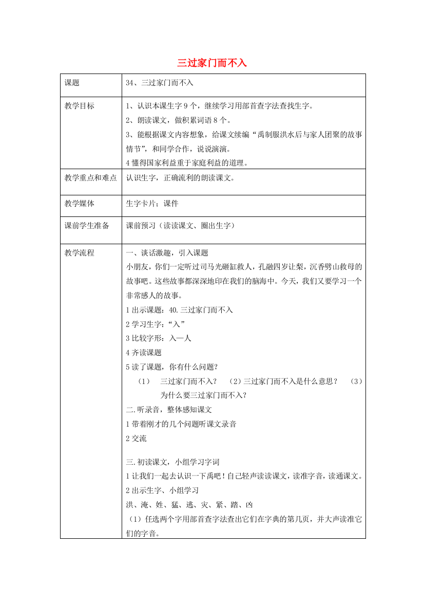 2015春四年级语文下册《三过家门而不入》教案2