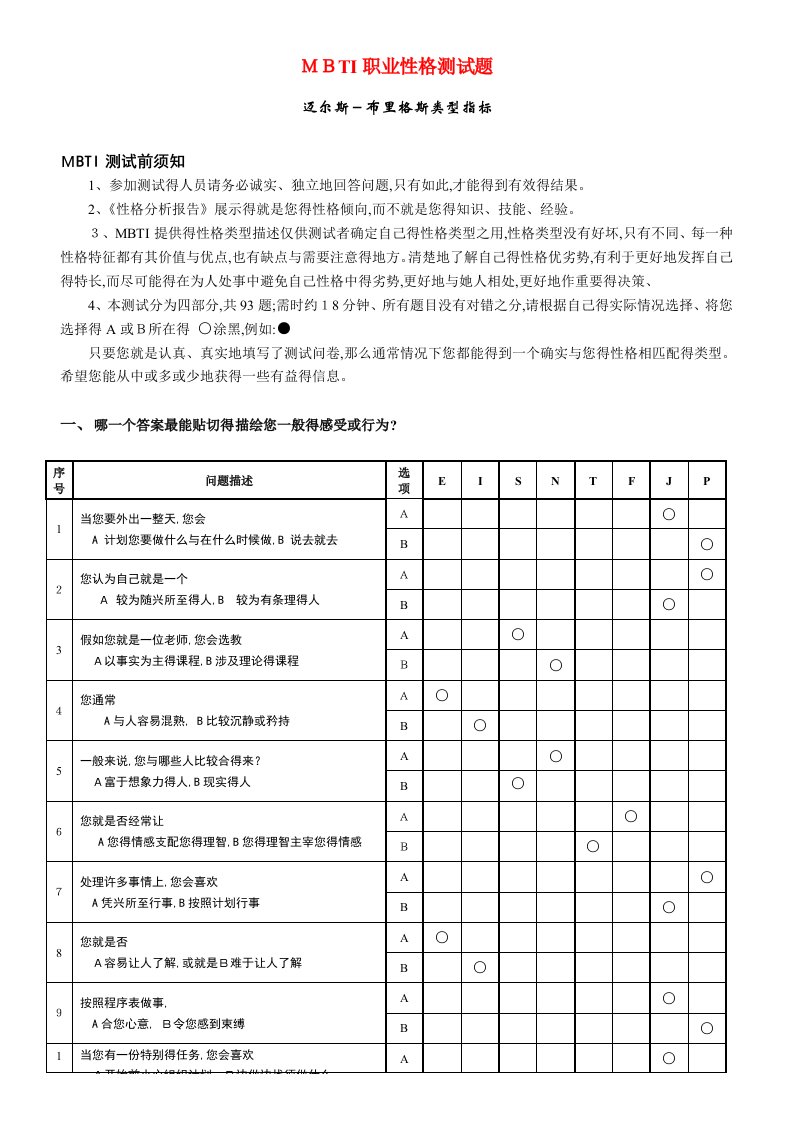 MBTI职业性格测试(最佳完整版)全