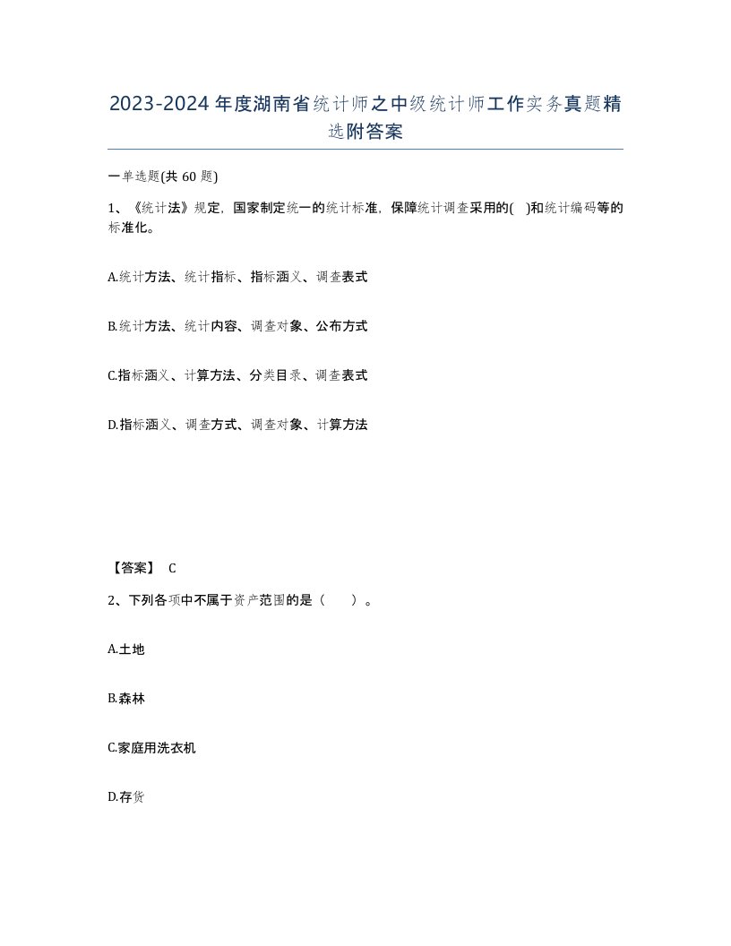 2023-2024年度湖南省统计师之中级统计师工作实务真题附答案