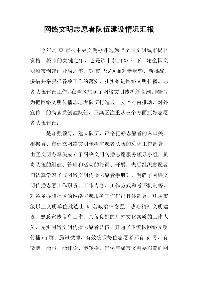 网络文明志愿者队伍建设情况汇报