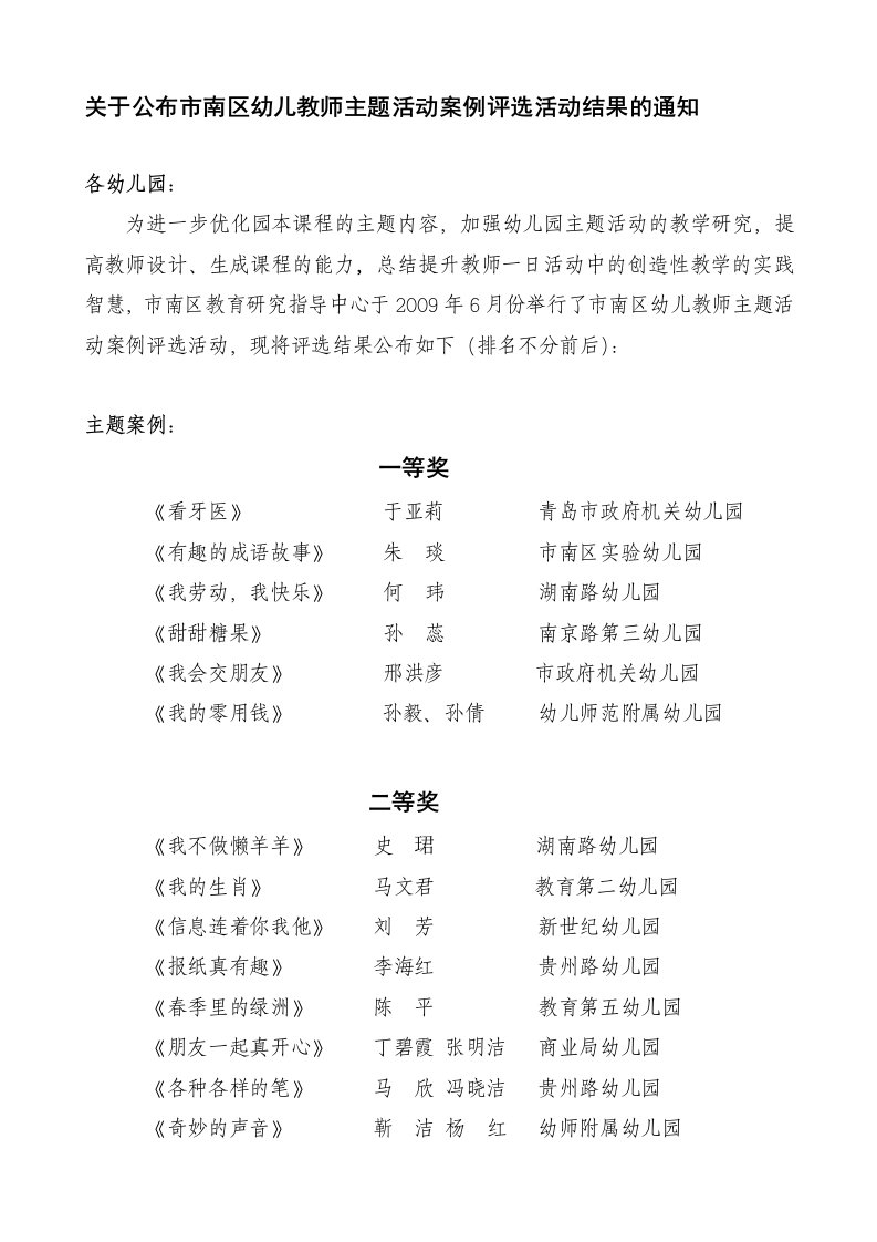 关于公布市南区幼儿教师主题活动案例评选活动结果的通