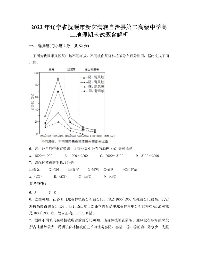 2022年辽宁省抚顺市新宾满族自治县第二高级中学高二地理期末试题含解析