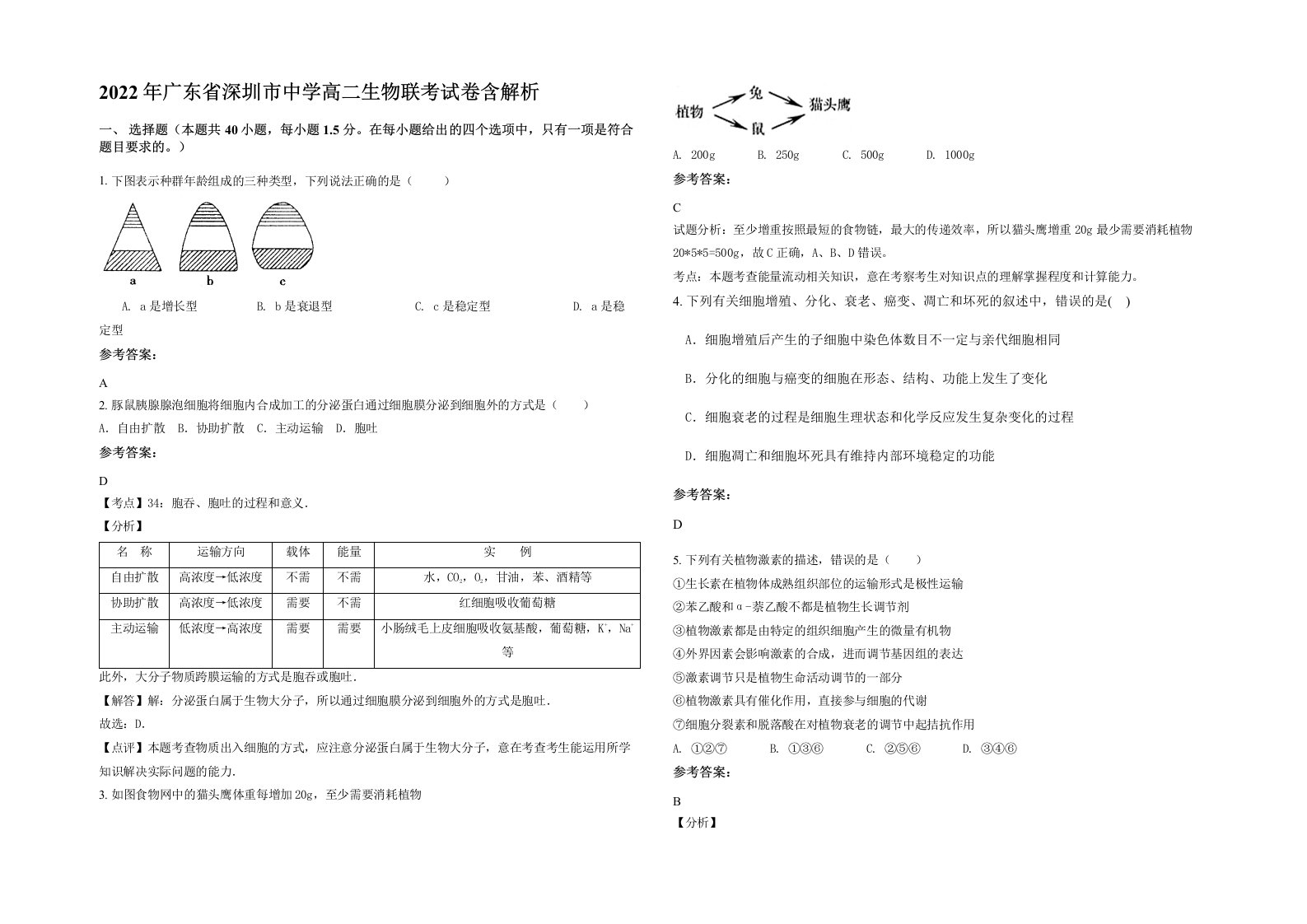 2022年广东省深圳市中学高二生物联考试卷含解析