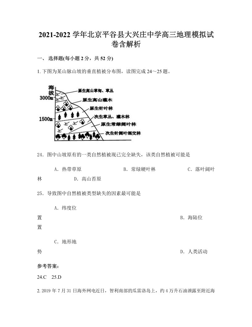 2021-2022学年北京平谷县大兴庄中学高三地理模拟试卷含解析