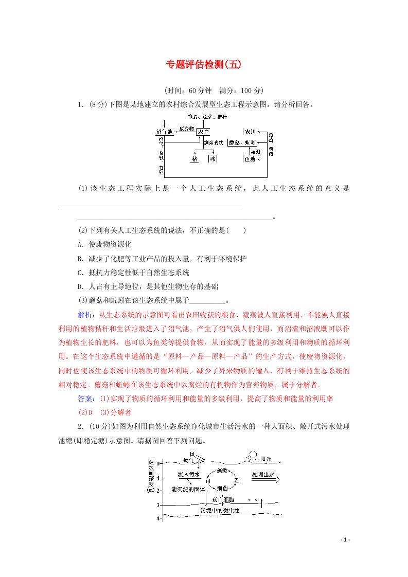 2020高中生物专题5生态工程专题评估检测五含解析新人教版选修3