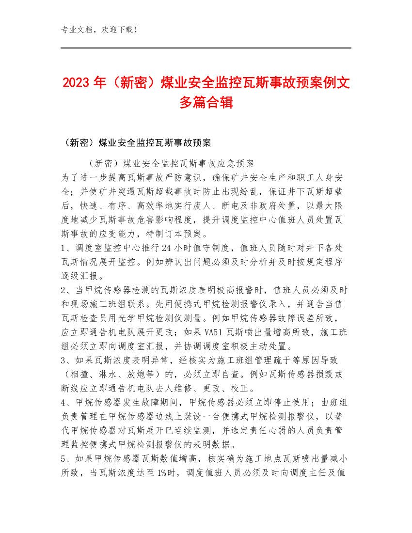 2023年（新密）煤业安全监控瓦斯事故预案例文多篇合辑