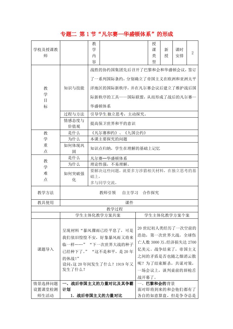 2020_2021学年高中历史专题二凡尔赛_华盛顿体系下的和平一凡尔赛_华盛顿体系的形成2教学教案人民版选修32021043023