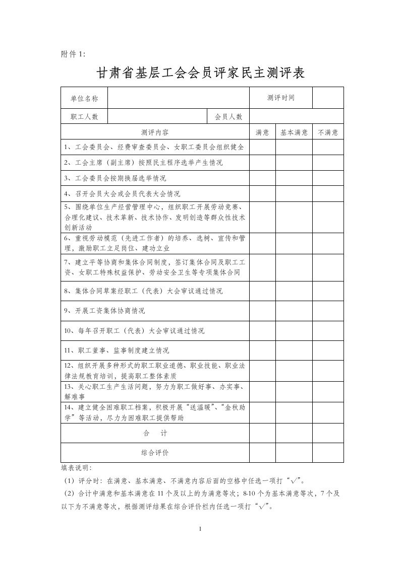 基层工会会员评家民主测评表