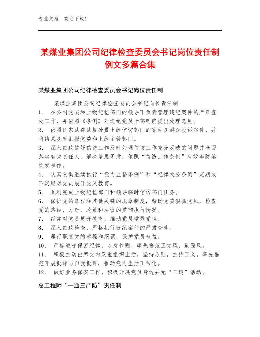 某煤业集团公司纪律检查委员会书记岗位责任制例文多篇合集