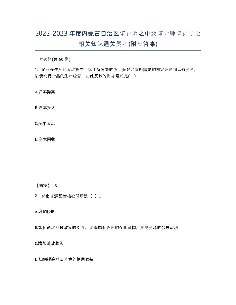 2022-2023年度内蒙古自治区审计师之中级审计师审计专业相关知识通关题库附带答案