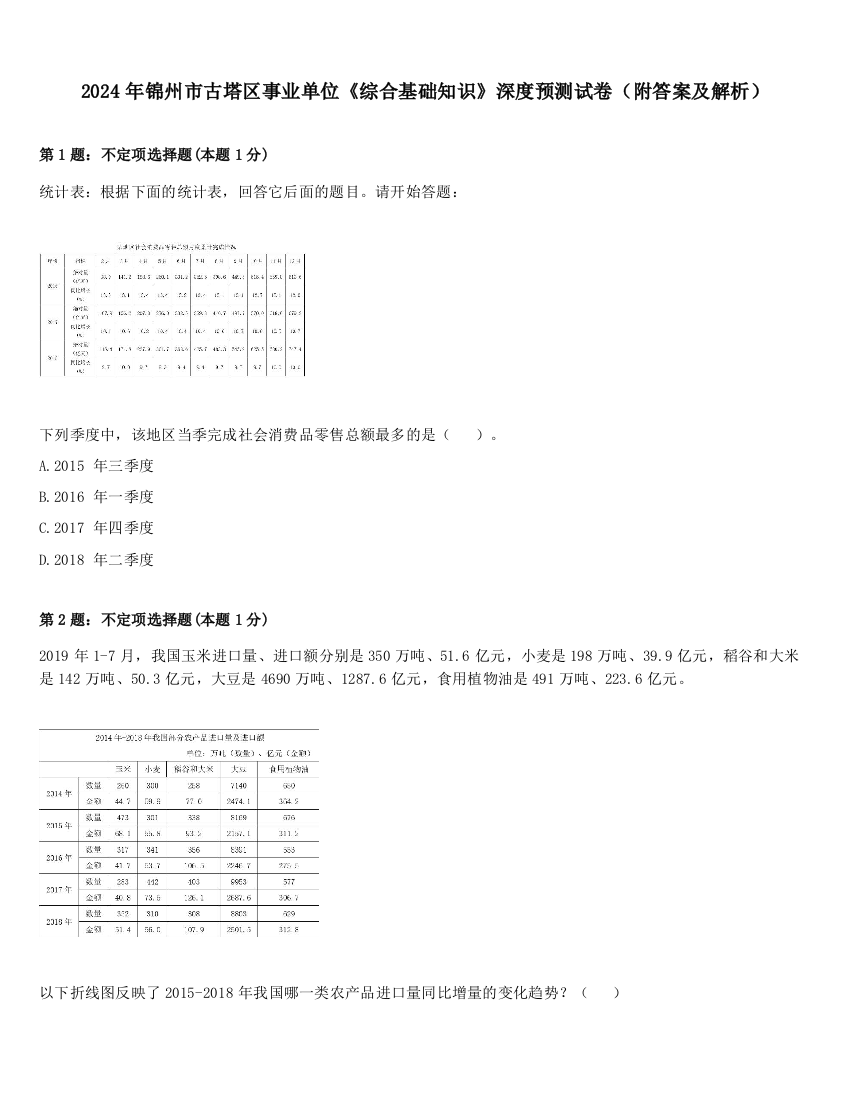 2024年锦州市古塔区事业单位《综合基础知识》深度预测试卷（附答案及解析）