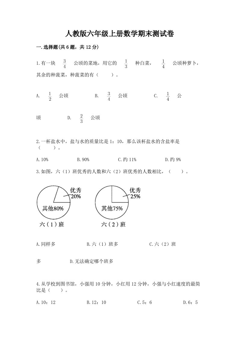 人教版六年级上册数学期末测试卷附完整答案【历年真题】