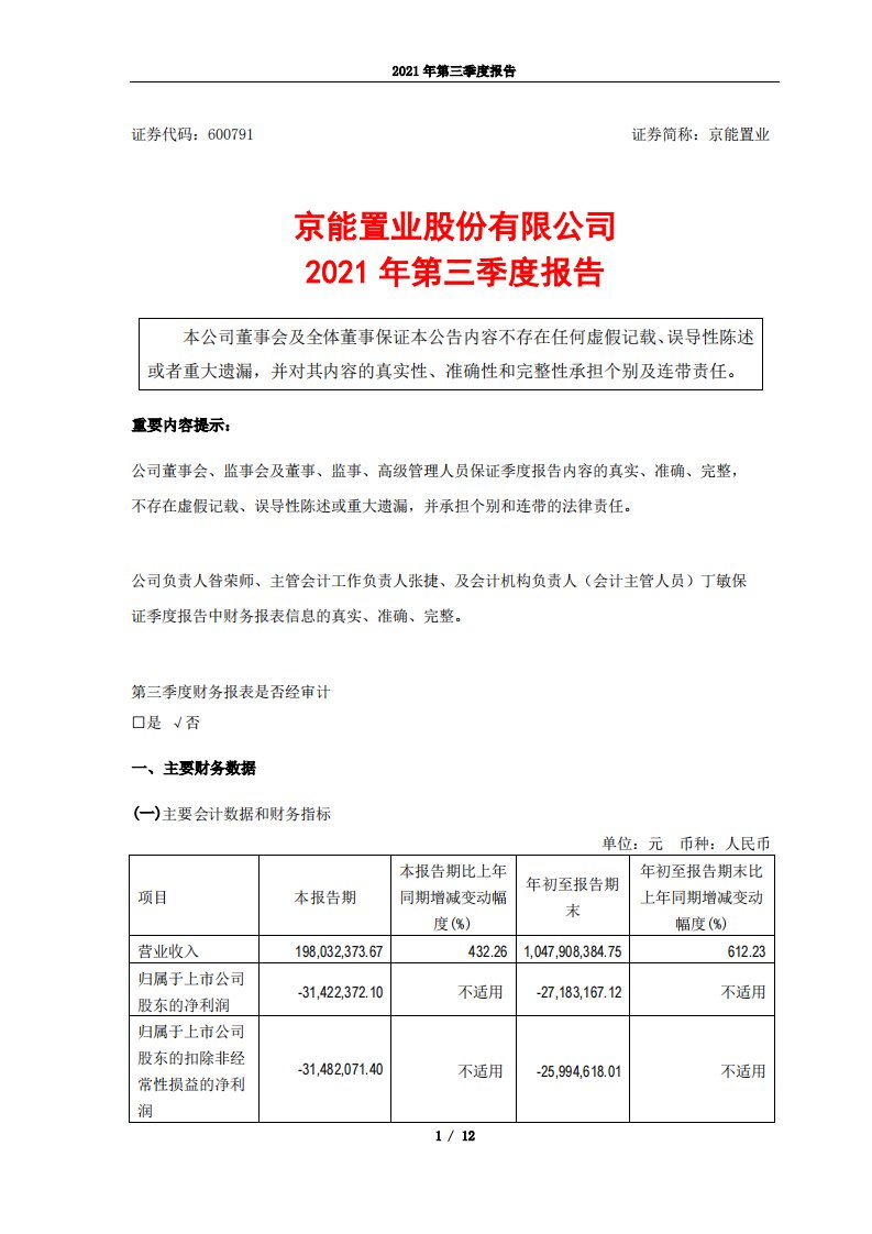 上交所-京能置业股份有限公司2021年第三季度报告-20211029