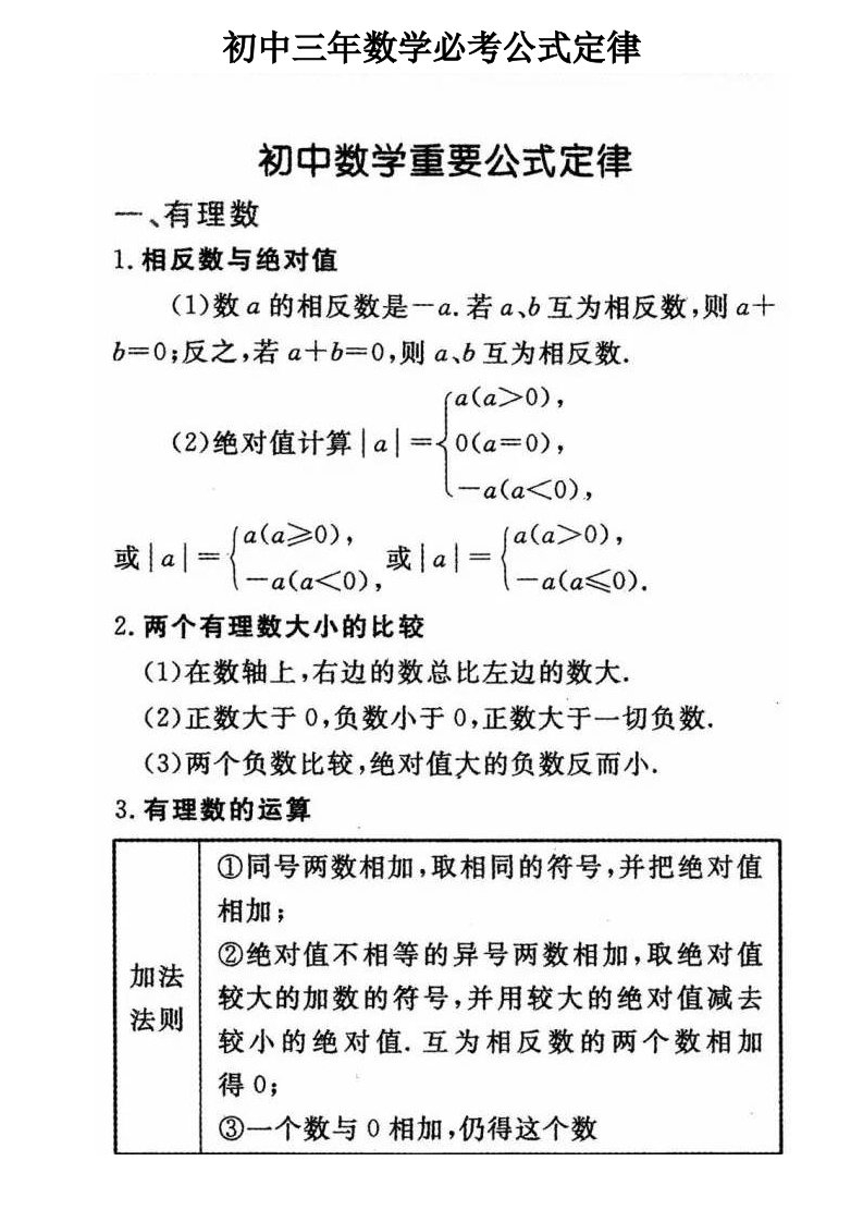 初中三年数学必考公式定律