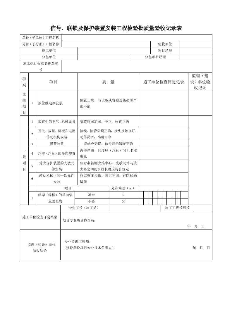 信号、联锁及保护装置安装工程检验批质量验收记录表