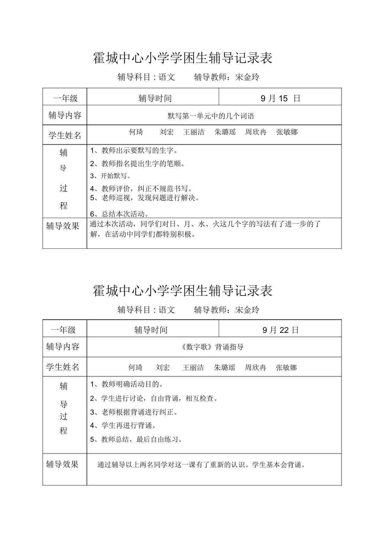 一年级语文学困生辅导记录表实用