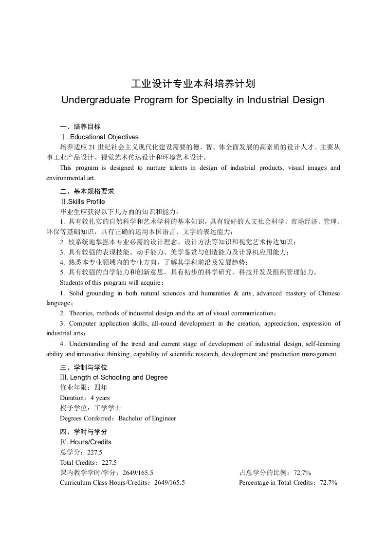 [工学]工业设计专业本科培养计划