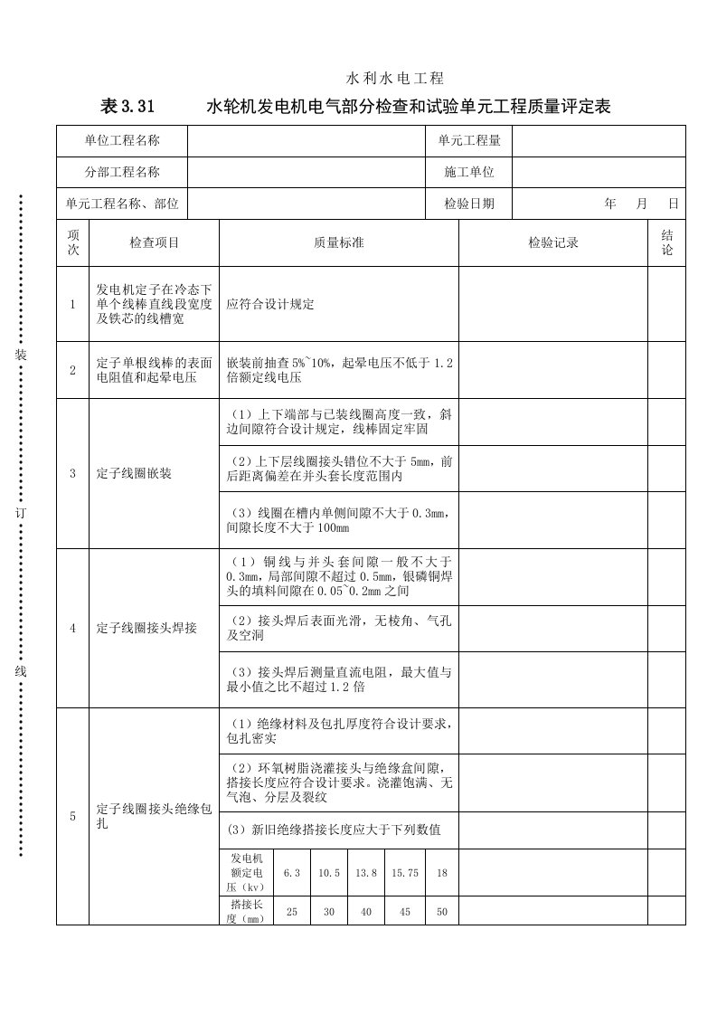 工程资料-表331水轮机发电机电气部分检查和试验单元工程质量评定表