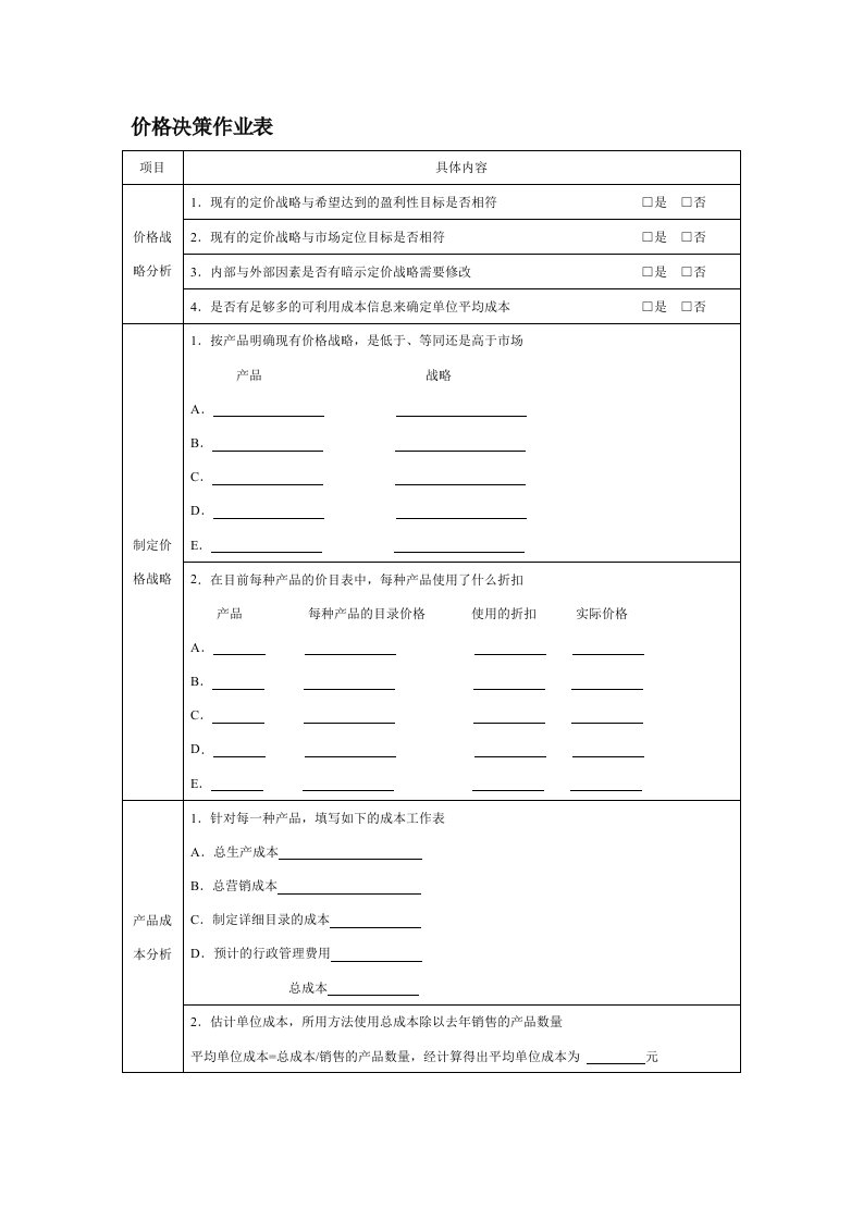 推荐-价格决策作业表