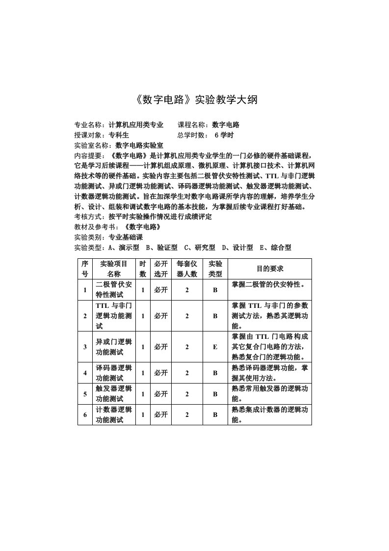 《数字电路》实验教学大纲