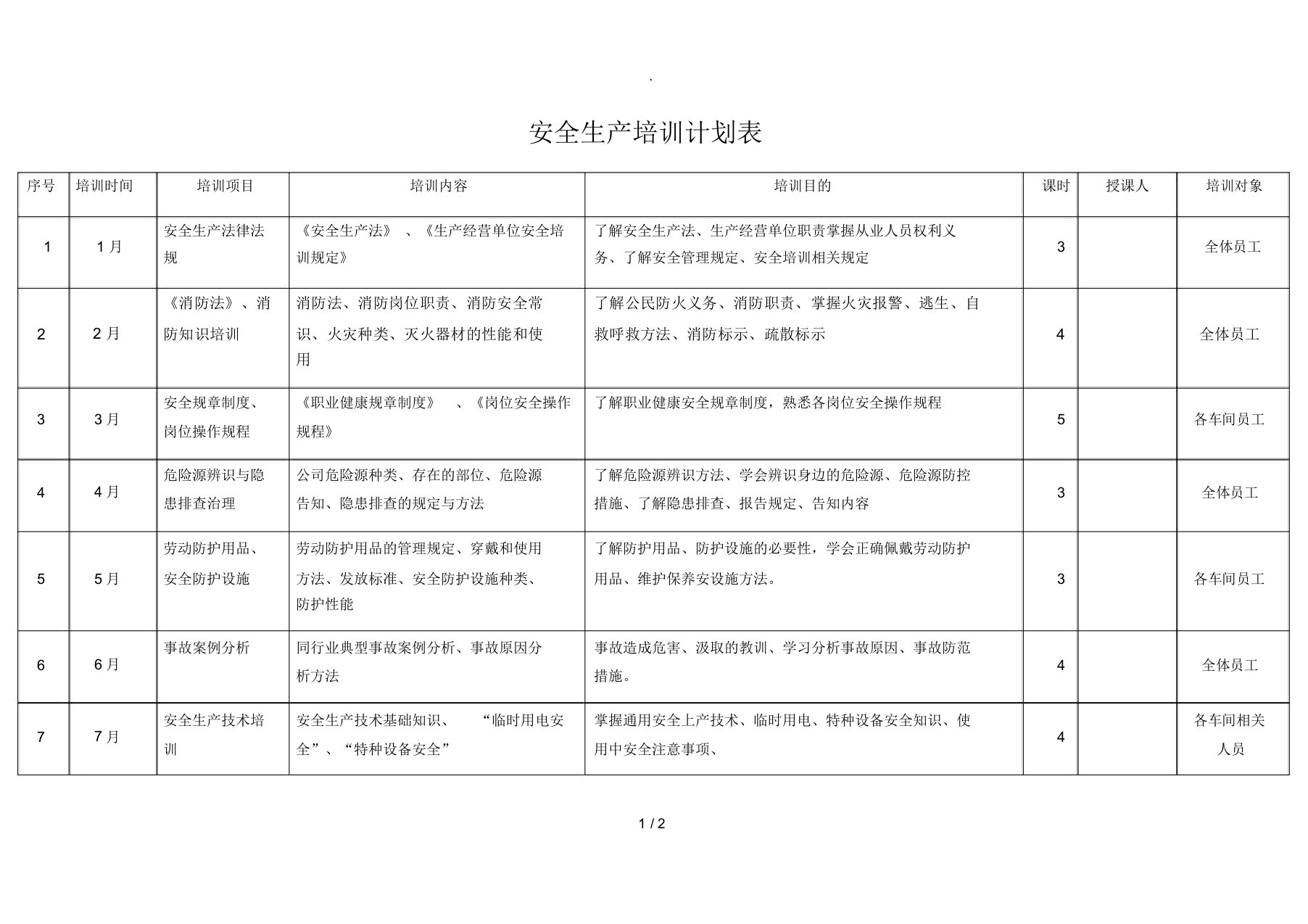 安全生产培训计划表