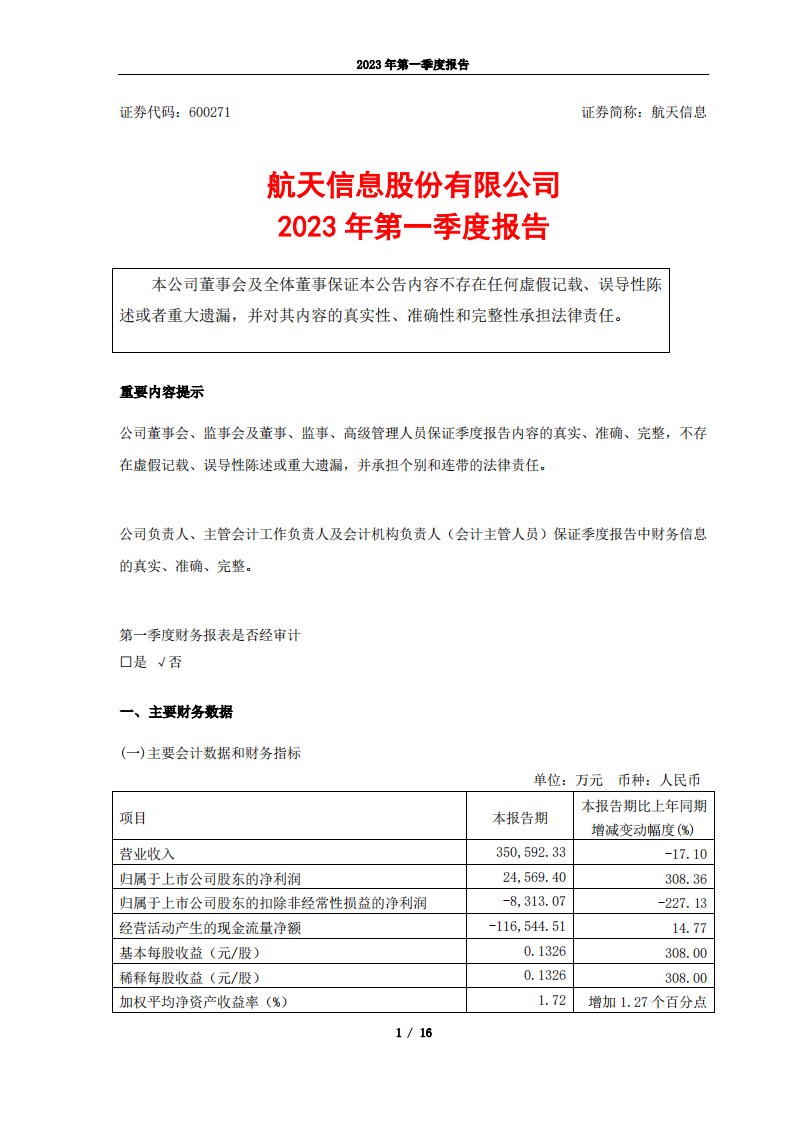 上交所-航天信息股份有限公司2023年第一季度报告-20230428