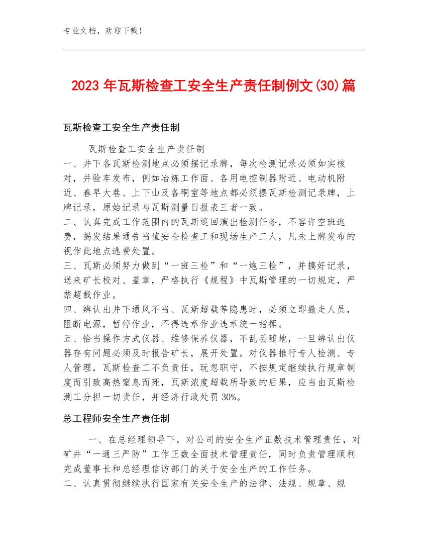 2023年瓦斯检查工安全生产责任制例文(30)篇