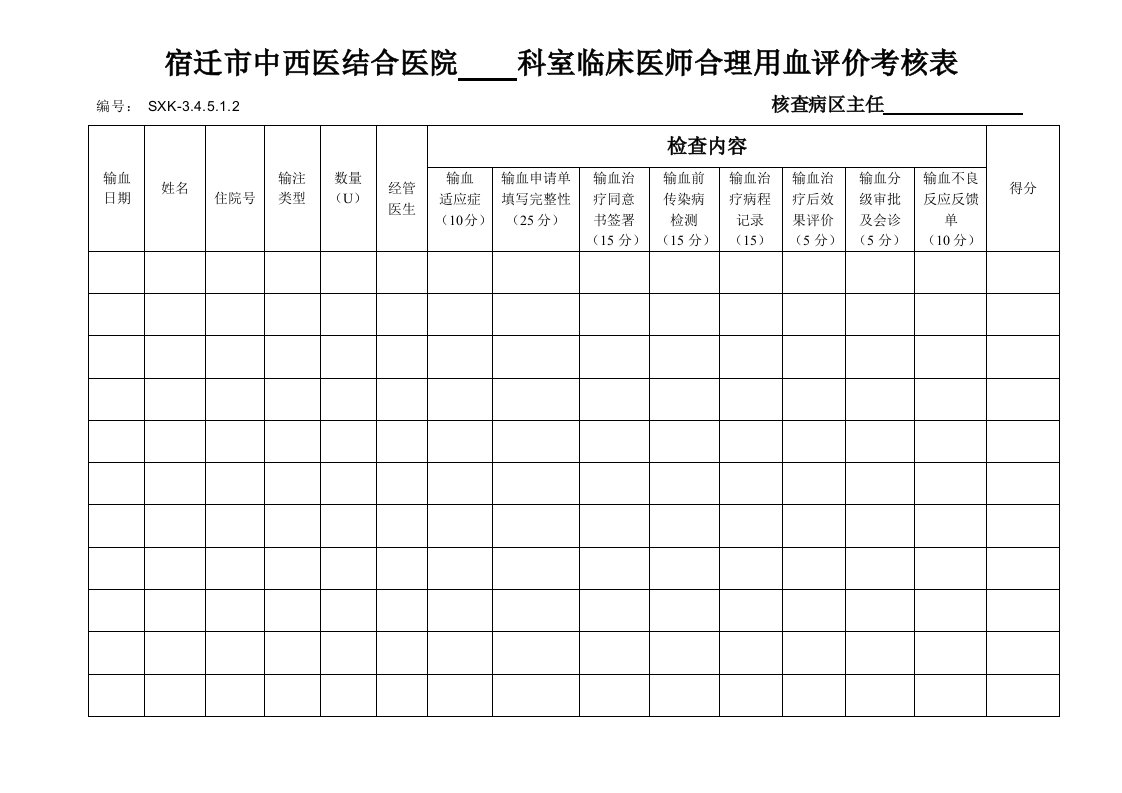 临床科室每月对医师合理用血评价考核表