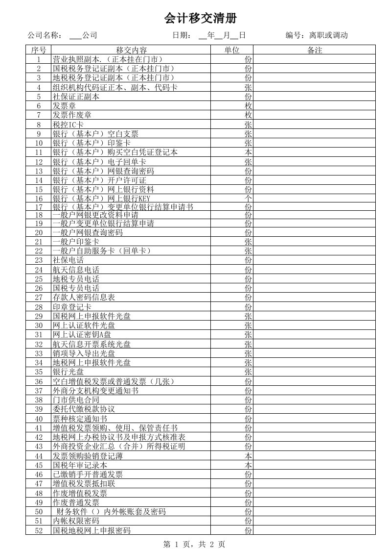 公司会计交接清单