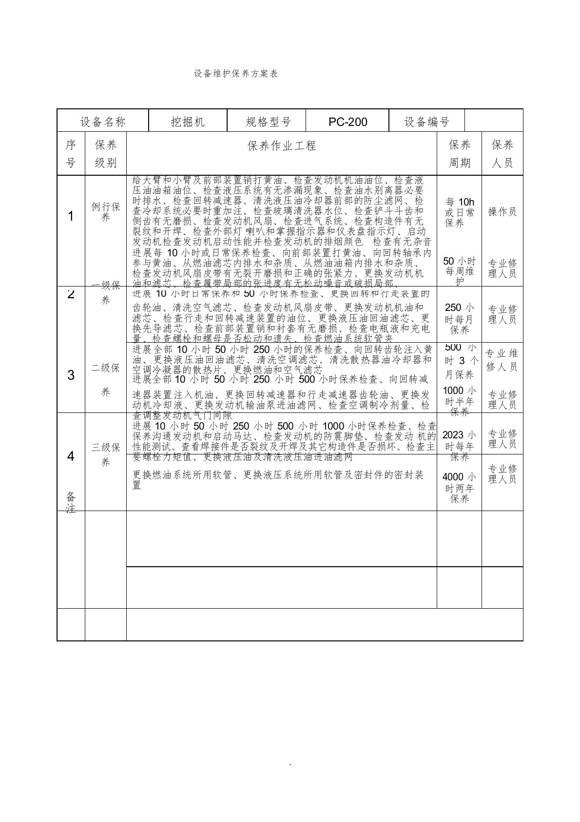 设备维护保养计划表