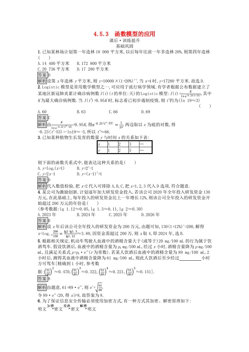 广西专版2023_2024学年新教材高中数学第4章指数函数与对数函数4.5函数的应用二4.5.3函数模型的应用课后训练新人教A版必修第一册