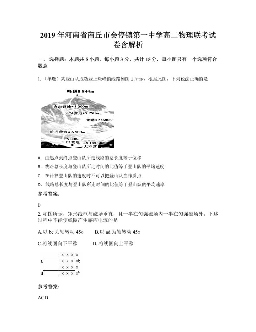 2019年河南省商丘市会停镇第一中学高二物理联考试卷含解析