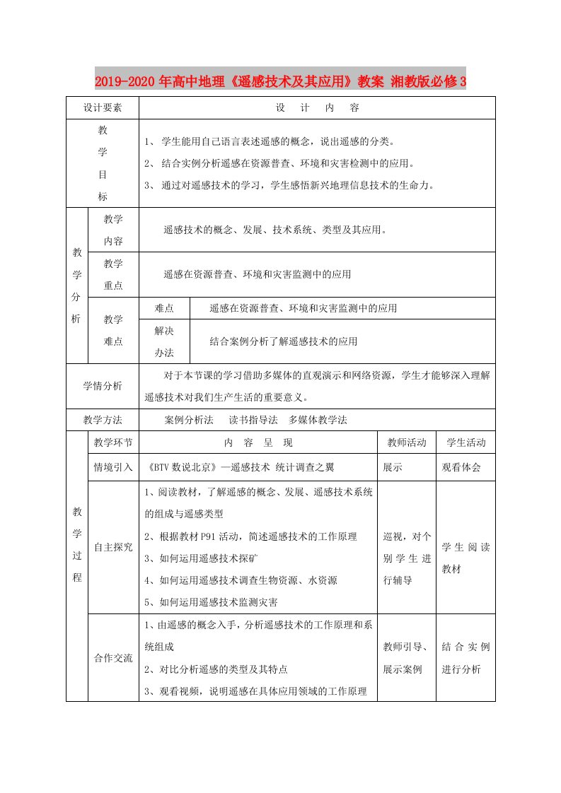 2019-2020年高中地理《遥感技术及其应用》教案