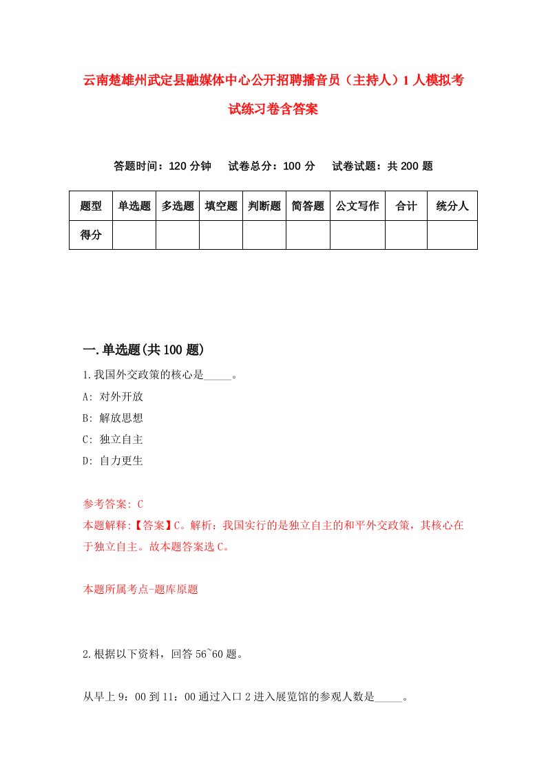 云南楚雄州武定县融媒体中心公开招聘播音员主持人1人模拟考试练习卷含答案3