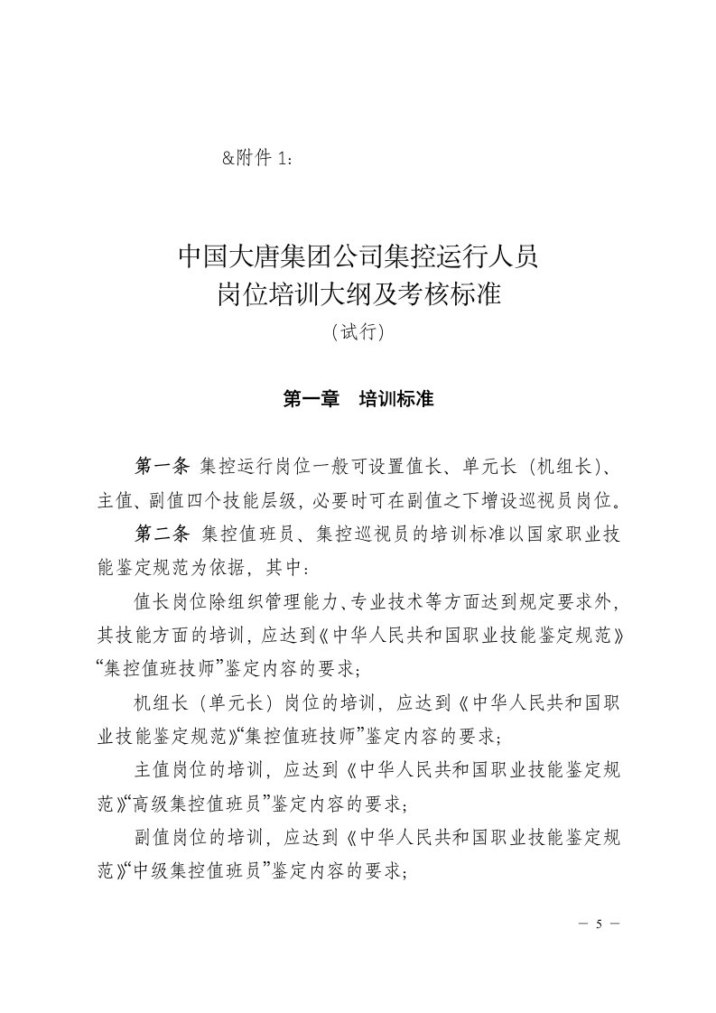 中国大唐集团公司集控运行人员岗位培训大纲及考核标准