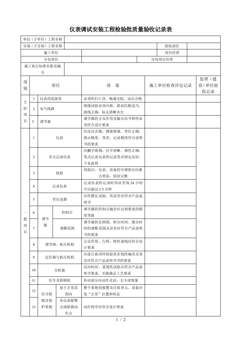 仪表调试安装工程检验批质量验收记录表